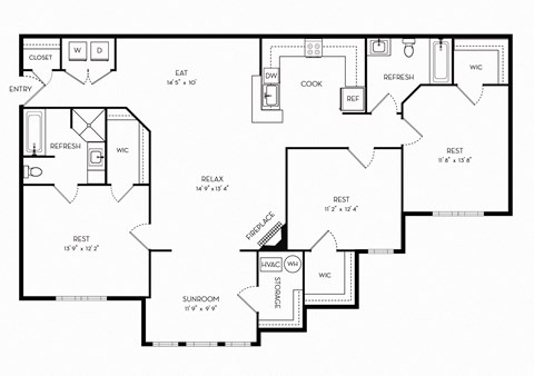 Floor plan for 3 beds, 2 baths, 1515 sqft